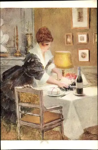 Künstler Ak Guillaume, A., Pour mon Filleul, Frau deckt Tisch, Champagner