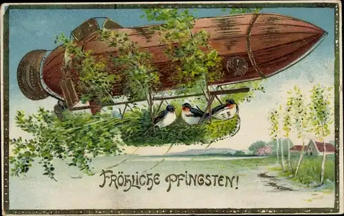 Präge Ak Glückwunsch Pfingsten, Zeppelin, Schwalben, Bäume