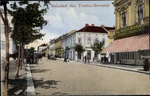 Ak Drobeta Turnu Severin Rumänien, Geschäft Josef Frisch, Straßenansicht