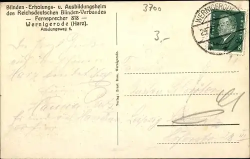 Ak Wernigerode am Harz, Blinden Erholungs und Ausbildungsheim des Reichsdeutschen Blindenverbandes