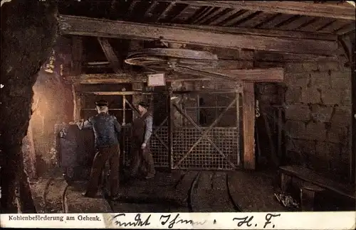 Ak Ruhrgebiet, Zeche, Kohlenbeförderung am Gehenk, Förderwagen