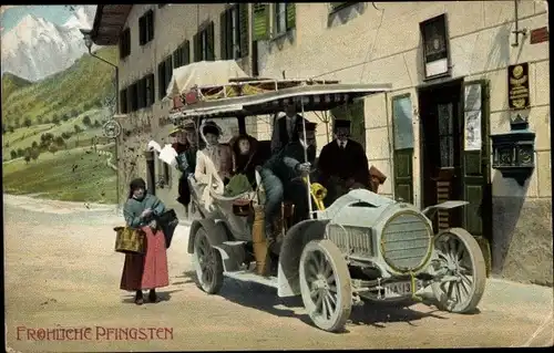 Ak Frohe Pfingsten, Ausfahrt in einem Automobil, Postamt