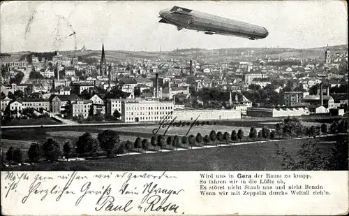 Ak Gera in Thüringen, Gesamtansicht, Zeppelin