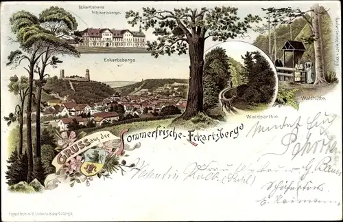 Litho Eckartsberga an der Finne im Burgenlandkreis, Waldpartie, Waldhütte, Wappen