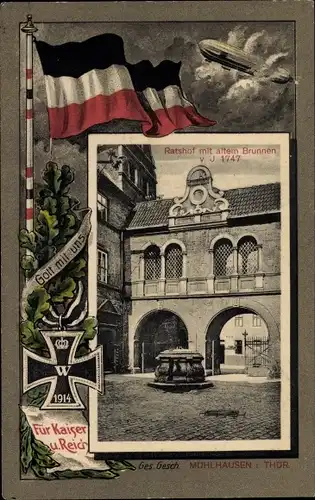 Ak Mühlhausen in Thüringen, Alter Brunnen, Eisernes Kreuz, Zeppelin
