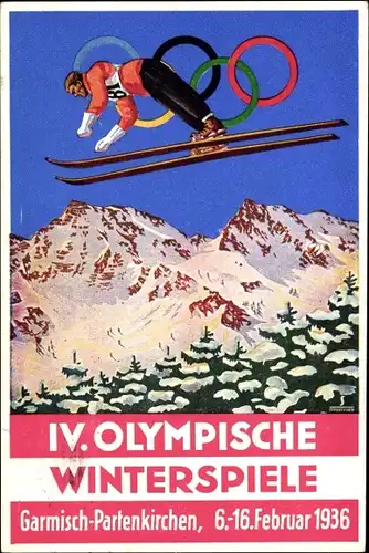 Künstler Ak Garmisch Partenkirchen in Oberbayern, Olympische Winterspiele 1936, Skisprung