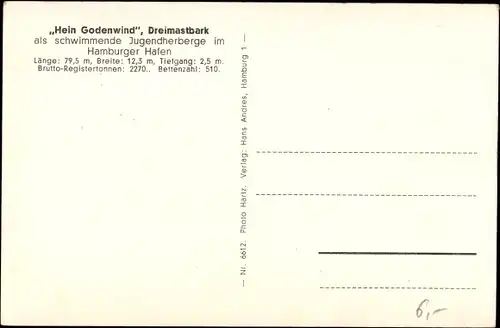 Ak Hamburg, Hein Godenwind, Dreimastbark im Hafen, schwimmende Jugendherberge