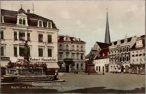 Ak Crimmitschau in Sachsen, Markt, Kunstbrunnen, König Albert Denkmal, Geschäft Robert Hauschild