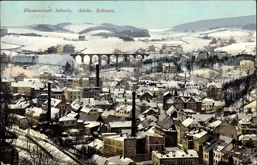 Ak Sebnitz in Sachsen, Totalansicht vom Ort im Winter, Eisenbahnviadukt