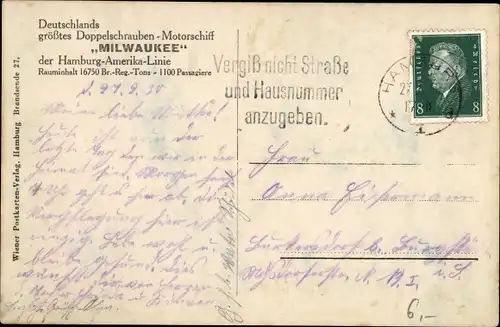 Ak HAPAG Dampfer Milwaukee, Passagierschiff