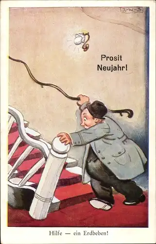 Künstler Ak Wills, John, Betrunkener Mann beim Treppensteigen, Glückwunsch Neujahr