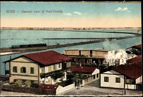 Ak Port Tewfik Suez Ägypten, Hafenpartie, Dampflok, Bahnstrecke