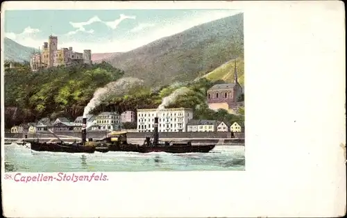 Ak Kapellen Stolzenfels Koblenz am Rhein, Dampfer, Schloss, Kirche