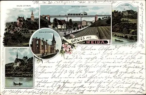 Litho Weida in Thüringen, Panorama, Oschützthal Viaduct, Alpenrose, Ruine, Kirche