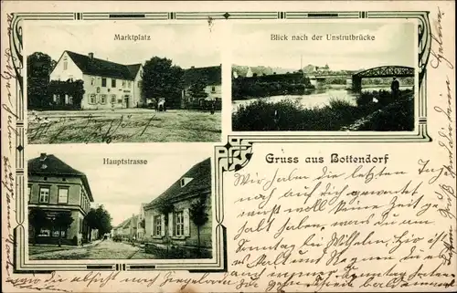 Ak Bottendorf Roßleben im Kyffhäuserkreis, Marktplatz, Hauptstraße, Unstrutbrücke