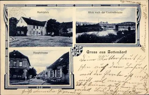 Ak Bottendorf Roßleben im Kyffhäuserkreis, Marktplatz, Hauptstraße, Unstrutbrücke