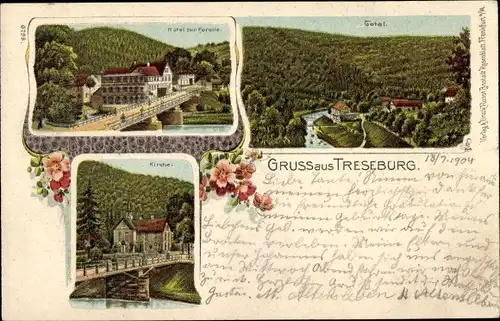 Litho Treseburg Thale im Harz, Hotel zur Forelle, Kirche, Totalansicht von Ort