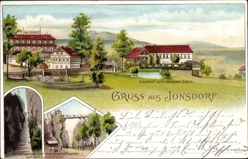 Litho Jonsdorf in Sachsen, Gasthof zum weißen Stein, Felsengasse und Gesellschaftsplatz Nonnenfelsen