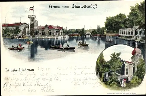 Litho Leipzig Lindenau, Partie am Charlottenhof, Teich