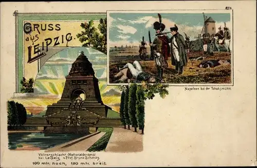 Litho Leipzig in Sachsen, Völkerschlachtdenkmal, Napoleon, Bruno Bürger 654