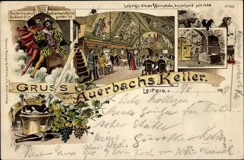 Litho Leipzig in Sachsen, Ansichten von Auerbachs Keller, Hexenküche, Faust Sage