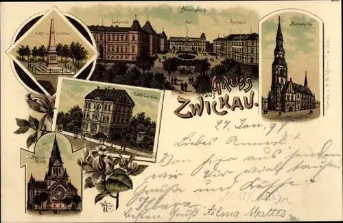 Litho Zwickau in Sachsen, Albertplatz, Kriegerdenkmal, Marienkirche, Café Carola