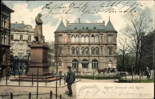 Ak Chemnitz in Sachsen, Becker-Denkmal, Börse