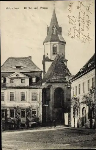 Ak Mutzschen Grimma in Sachsen, Kirche und Pfarre, Bergers Restaurant