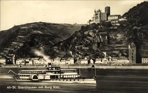 Ak Sankt Goarshausen am Rhein, Burg Katz, Dampfer