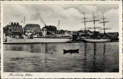 Ak Flensburg, Hafen, Ruderboot, Segelschiff, Dampfer