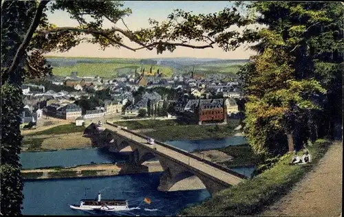 Ak Trier an der Mosel, Blick aus dem Weisshauswald, Dampfschiff, Brücke