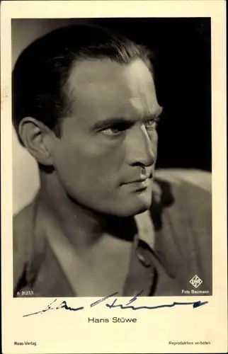 Ak Schauspieler Hans Stüwe, Portrait, Ufa Film, Ross Verlag A 3127 1, Autogramm