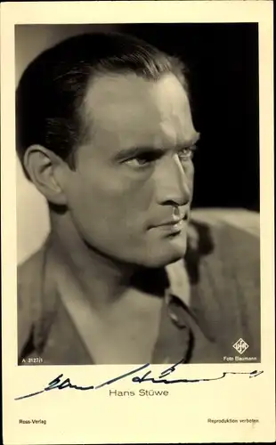 Ak Schauspieler Hans Stüwe, Portrait, Ufa Film, Ross Verlag A 3127 1, Autogramm