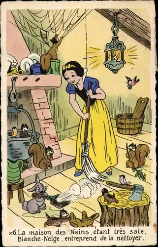 Ak Walt Disney, Schneewittchen und die sieben Zwerge, Besen, Waldtiere, Wohnstube