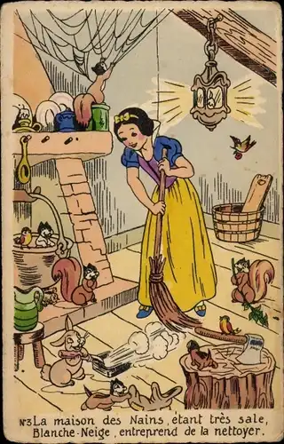 Ak Walt Disney, Schneewittchen und die sieben Zwerge, Besen, Waldtiere, Wohnstube