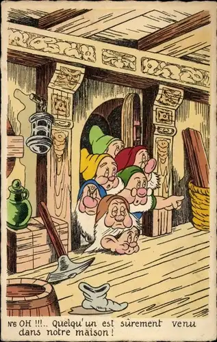 Ak Walt Disney, Schneewittchen, Zwerge, Wohnstube, Spitzhacke