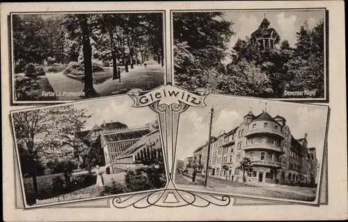 Ak Gliwice Gleiwitz Oberschlesien, Promenade, Deventer Hügel, Gärtnerhaus, Kronprinzenstraße