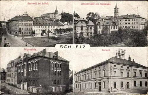 Ak Schleiz im Vogtland Thüringen, Neumarkt, Schloss, Bahnhofstraße, Stadtkirche, Bürgerschule, Post
