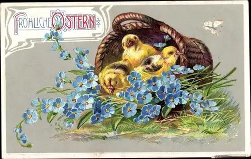 Präge Ak Glückwunsch Ostern, Küken, Korb, Vergissmeinnicht