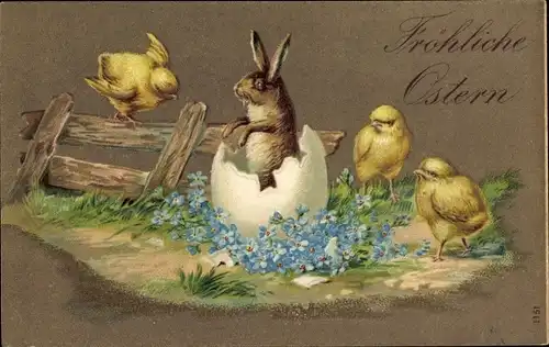 Präge Ak Glückwunsch Ostern, Küken, Osterhase, Eierschale, Vergissmeinnicht