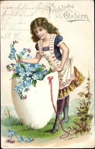 Litho Frohe Ostern, Osterei, Schale, Mädchen, Blumen