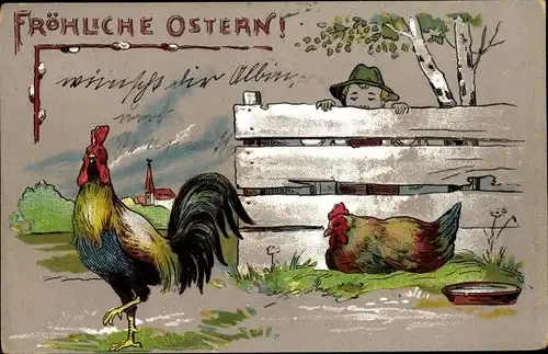 Litho Glückwunsch Ostern, Hühner, Kind hinter dem Zaun, Birke