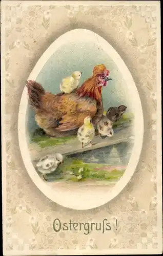 Präge Ak Glückwunsch Ostern, Henne mit ihren Küken