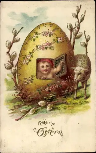 Präge Ak Glückwunsch Ostern, Weidenkätzchen, Kind im Osterei,  Lamm