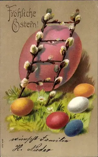 Ak Glückwunsch Ostern, Ostereier, Weidenkätzchen