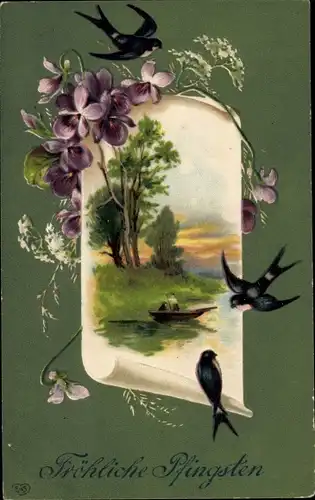 Präge Ak Glückwunsch Pfingsten, Schwalben Veilchen