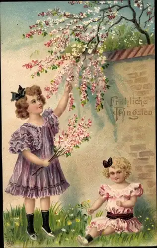 Präge Ak Glückwunsch Pfingsten, Kinder, Blühender Baum