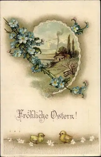 Präge Ak Glückwunsch Ostern, Küken, Vergissmeinnicht, Haus