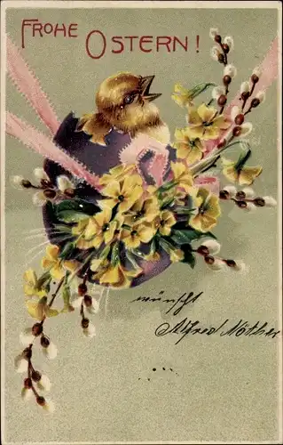 Präge Ak Glückwunsch Ostern, Küken, Osterei, Blumen, Weidenkätzchen