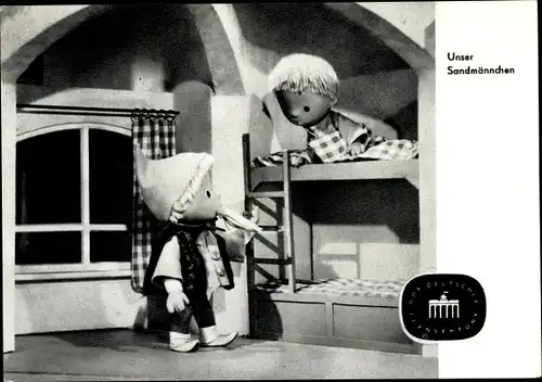 Ak Unser Sandmännchen, Sandmann, DDR Kinderfernsehen, Kind im Hochbett, S 42/64